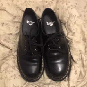 Dr. Martens Black Leather Platform Lace-Up Oxfords with Yellow Welt Stitching
